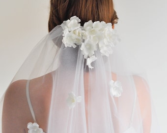 Double Bridal Veil, Flowers Wedding Veil, Ivory Wedding Veil, Veil With Flowers for Bride, Wedding Headdress Veil, Wedding Bridal Hair