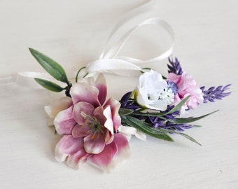 Flower Wrist Corsage, Lavender Wrist Corsage, Wedding Flower Hand Bracelet, Bridesmaids Wrist Corsage, Flower Girl Wrist Corsage  Bride