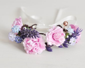 Lavender Corsage Bracelet, Flower Wrist Corsage, Flower Hand Bracelet, Bridesmaids Wrist Corsage, Bride Wedding Wrist Corsage, Flower Crown