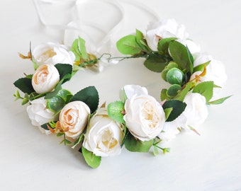 Flower Girl Crown, Wedding Flower Crown, Ivory Floral Crown, Bride Flower Crown, Ivori Flower Hair Wreath, Flower Girl Flower Headpiece