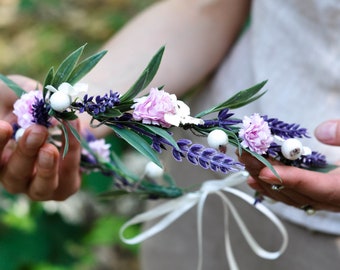 Lavender Flower Headband for Wedding, Flower Girl Crown, Lavender Flower Crown, Violet Flower Crown, Flower Girl Headpiece, Bridesmaid Crown