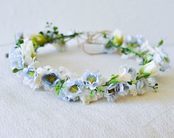 Flower Girl Crown, Wedding Flower Crown, Blue Flower Crown, Ivory Flower Wreath, Flower Girl Headpiece, Bridal Flower Wreath, Flower Tiara