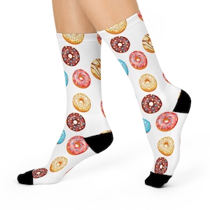Donut Print Crew Socks: Bakery Dessert Socks, Fits Size 5-12