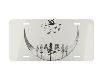 Old fashioned appearing plate, black and white vanity plate, rustic vanity plate, forest scene car tag, unique car tag, scenic vanity plate