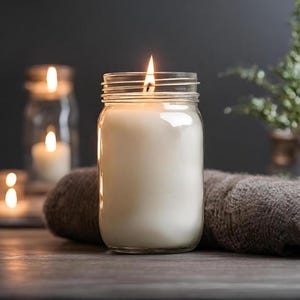 A lit white candle in a clear mason jar sits on a dark wooden surface next to a brown knitted blanket, with blurred background candles.
