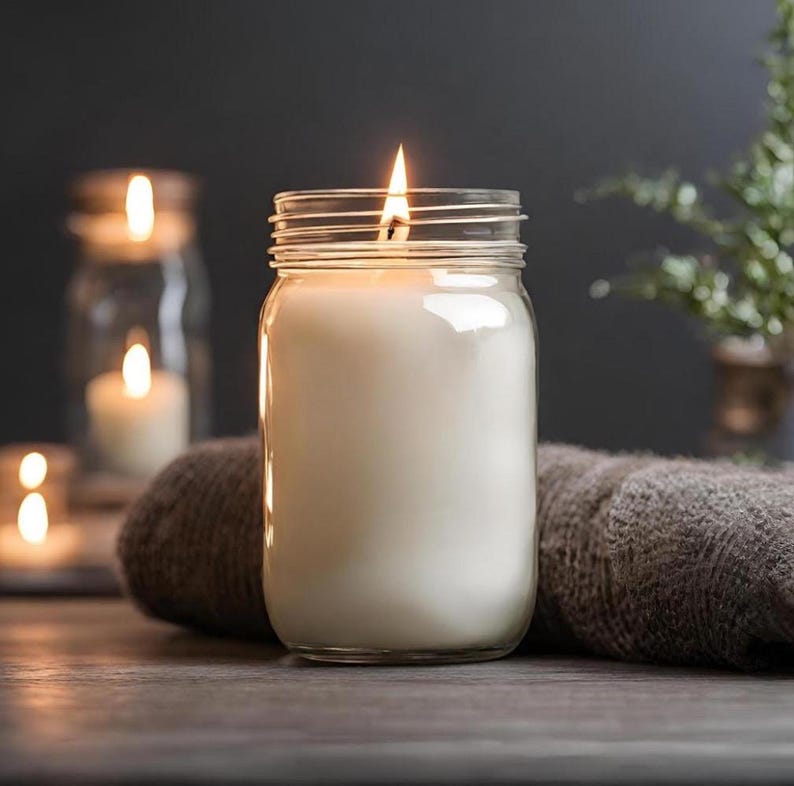 A lit white candle in a clear mason jar sits on a dark wooden surface next to a brown knitted blanket, with blurred background candles.