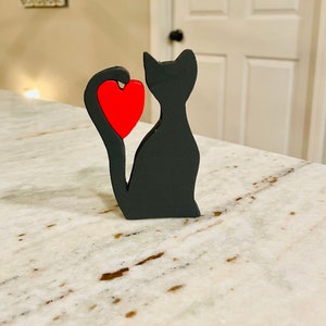 Wood cat figurine, cat figurine, wooden cat figurine, cat lover, cat with heart, cat art, cat shelf decor, cat shelf sitter, cat desk decor