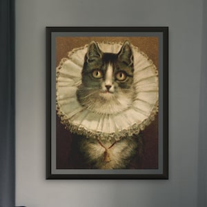 Cat with Collar and Bell Print, The Widow by Frederick Dielman, Gothic Cat Portrait Painting Poster, Weird Wall Art, Quirky Decor Lover Gift