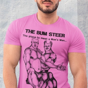 Vintage Gay Illustration T Shirt, Bum Steer Queer Bar Phoenix Arizona 80s Graphic Tee, Homosexual LGBTQI Art Retro Leather Daddy Pride Shirt