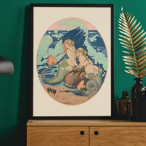 Lesbian Mermaids Aesthetic Poster, Two Sirens Belle Epoque Pastel Illustration Print, Queer Mermaidcore Wall Art, Sapphic Art Nouveau Gifts