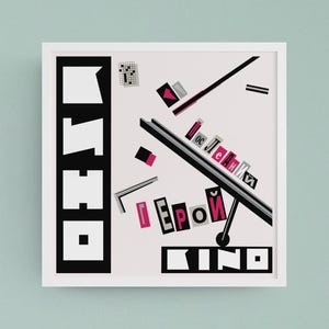 May include: A square framed wall art piece featuring a white background with bold black and pink graphic elements. The design includes the text KINO in large black letters, the word GEROY in pink, and various geometric shapes and lines.