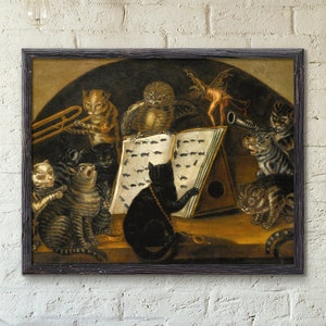 Gatos instruidos en el arte de atrapar ratones por un búho, pintura de un artista desconocido de la escuela lombarda, c. 1700, póster de papel sin marco.