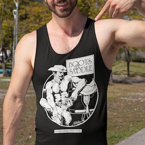 Stiefel & Sattel Gay Cowboy Tank Top, Retro Queer Rodeo T-Shirt, Vintage Gay Illustration Grafik-Shirt, lustige Gay-Geschenke, ästhetische Pride-Kleidung