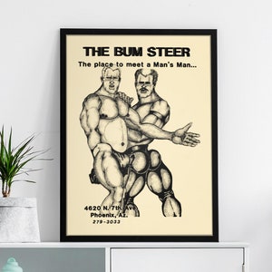 Vintage Gay Illustration Poster, Bum Steer Queer Bar Phoenix Arizona 80s Unframed Wall Art, Homosexual LGBTQI Retro Leather Daddy Pride Gift