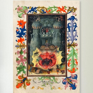 Könnte beinhalten: Ein gerahmtes Kunstwerk im mittelalterlichen Stil, das eine Burgszene mit Figuren und einer großen, roten, blütenartigen Form darstellt. Das Kunstwerk ist von einem dekorativen Rahmen mit farbenfrohen floralen und blattartigen Elementen umgeben.