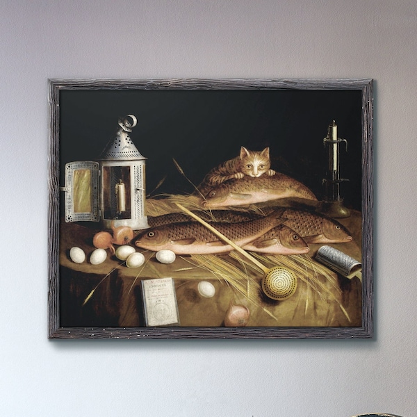 Cat Art Print, Circle Of Sebastian Stoskopff, Kitchen Still Life With Fish And Cat Wall Art, Naturmort Still Life Premium Matte Paper Poster