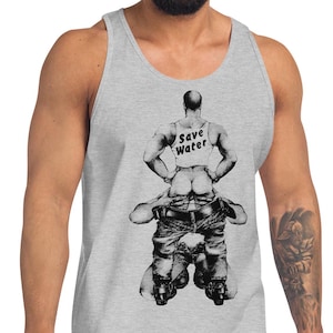 Save Water herentanktop, retro queer rodeo homoseksuele trots memorabilia mouwloos, klimaatactivist grappige tanktop, leren daddybar-cadeaus
