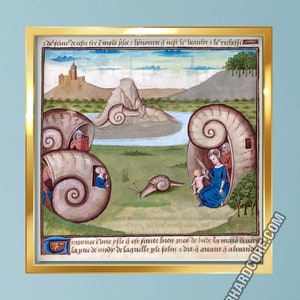 Medieval Conch City Square Poster, Slugs in Rural Landscape Scenery Weird Marginalia Painting,  Unframed Square Snail Wall Art, Novelty Gift