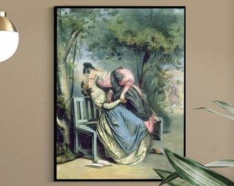 Lesbian Kiss Poster, Boarding School Friends 1837 Victorian Queer Wall Art, French Pastel Watercolor Sapphic Lithograph Unframed Paper Print