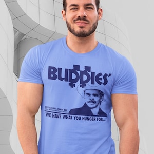 Buddies Men&#39;s Bar Vintage Gay Shirt, Queer Bar Ad Cowboy Retro Graphic Tee, Western Rodeo Daddy Pride Clothing, LGBTQ Party Top, classic tee