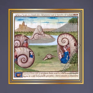 Medieval Conch City Square Poster, Slugs in Rural Landscape Scenery Weird Marginalia Painting,  Unframed Square Snail Wall Art, Novelty Gift