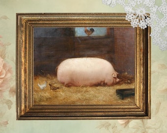賞品の豚 19世紀フォークアート油絵複製画、納屋にいる白いぽっちゃり