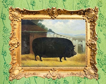 A 19th Century English Watercolor of Prize Hog with Proud Gentleman A 19th Century English Watercolor of Prize Hog with Proud Gentleman