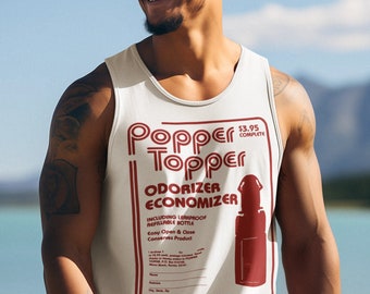 Popper topper masculino regata, engraçado vintage gay zine festa verão queer camisa, retro orgulho rave festival, queer adulto humor gag presentes