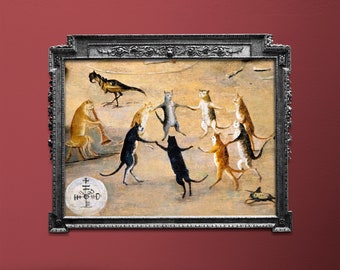 Cats Dancing in the Circle Poster, Weird Cat Cursed Painting Medieval Witchy Wall Art, Unframed Bizarre Gothic Decor, Whimsical Cat Mom Gift