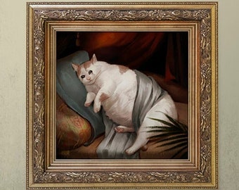 Fat Cat Crying Poster, Funny Chonk Painting Meme Wall Art, Ugly Renaissance Cats Square Horizontal Art Print, Gag Lover Quirky Bizarre Gift