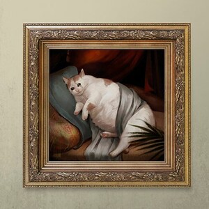 Fat Cat Crying Poster, Funny Chonk Painting Meme Wall Art, Ugly Renaissance Cats Square Horizontal Art Print, Gag Lover Quirky Bizarre Gift