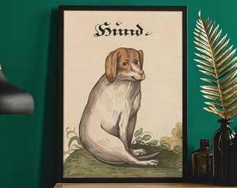 Hund Dog Vintage Poster, Strange Funny Pet Portrait, Whimsical Room Living Room Wall Decor, Ugly Medieval Dog Premium Matte Unframed Print
