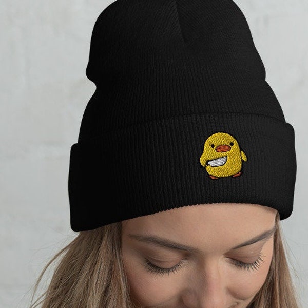 Duck with Knife Beanie, Duck Meme Funny Cuffed Beanie, Embroidered Unisex Beanie Hat, Kawaii Angry Baby Chicken, Cute Gift for Bird Lover