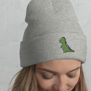 Dino Beanie, Dinosaur Embroidered Beanie, Cute Dino Beanie, Colorful Dinosaur Skater Hat, Winter Gift for Him and Her, Unisex Cuffed Beanie