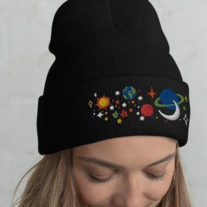 Galaxy Beanie, Solar System Embroidered Beanie, Sun Moon Hat, Cute Boho Universe Winter Hat, Cuffed Beanie, Galactic Space Celestial Hat