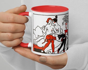 Two Girls with Cats Mug, Sapphic Erotic Art, Lesbian Cat Lovers Art Deco Illustration, Vintage Queer Wedding Redhead and Brunette Girlfriend