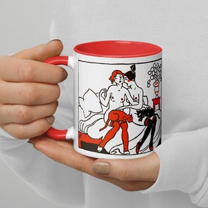 Zwei Mädchen mit Katzen Becher, Sapphische erotische Kunst, Lesben Katzenliebhaber Art Deco Illustration, Vintage Queer Hochzeit Rothaarige und Brünett Freundin