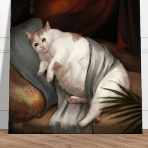 Fat Cat Crying Poster, Funny Chonk Painting Meme Wall, Ugly Renaissance Meme Square 70x70 cm Art Print Gag Lover Quirky Bizarre Novelty Gift