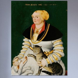 Puede incluir: Un retrato de una mujer vestida con un vestido blanco y dorado con una chaqueta negra. Ella está sosteniendo un gato y un perro. La pintura está sobre un fondo verde e incluye el texto "Anno Aetatis Sue 42. 1559."