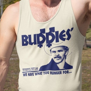 Buddies Men's Bar Vintage Gay Tank Top, Queer Bar Cowboy Hat Sheriff Retro Graphic Tee, Western Rodeo Daddy Pride Clothing, LGBTQ Party Top