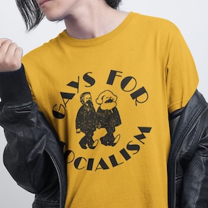 Gays for Socialism Vintage Pride Shirt, Commie Karl Marx and Friedrich Engels Holding Hands Retro Cartoon Illustration, Graphic Unisex Tees