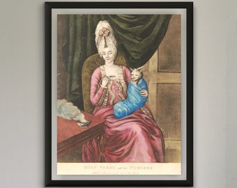 Medieval Cat Print, Miss Sukey and her Nursery, Premium Matte Paper Poster, Strange Cat feeding Painting mezzotint, John Raphael Smith, 1772