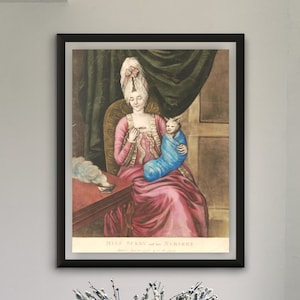 Medieval Cat Print, Miss Sukey and her Nursery, Premium Matte Paper Poster, Strange Cat feeding Painting mezzotint, John Raphael Smith, 1772