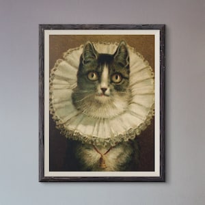 Cat with Collar and Bell Print, The Widow by Frederick Dielman, Gothic Cat Portrait Painting Poster, Weird Wall Art, Quirky Decor Lover Gift