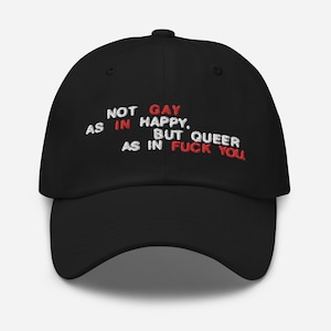 Not Gay As In Happy Hat, But Queer As In Queer Punk Protest Cap, Subtle Pride Embroidered Cotton Dad Hat, Be Gay Do Crime Lesbian Funny Gift