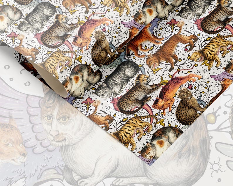 May include: A roll of patterned paper featuring a repeating design of various cat illustrations in shades of brown, orange, gray, and white. The cats are depicted in dynamic poses against a white background with floral and scroll details.