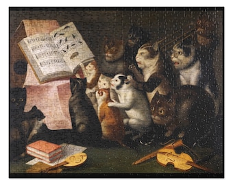 May include: A painting of a group of cats gathered around a music stand, singing from a sheet of music. The cats are dressed in various colors and have different expressions on their faces. There is a violin and a flute on the floor in front of the cats.
