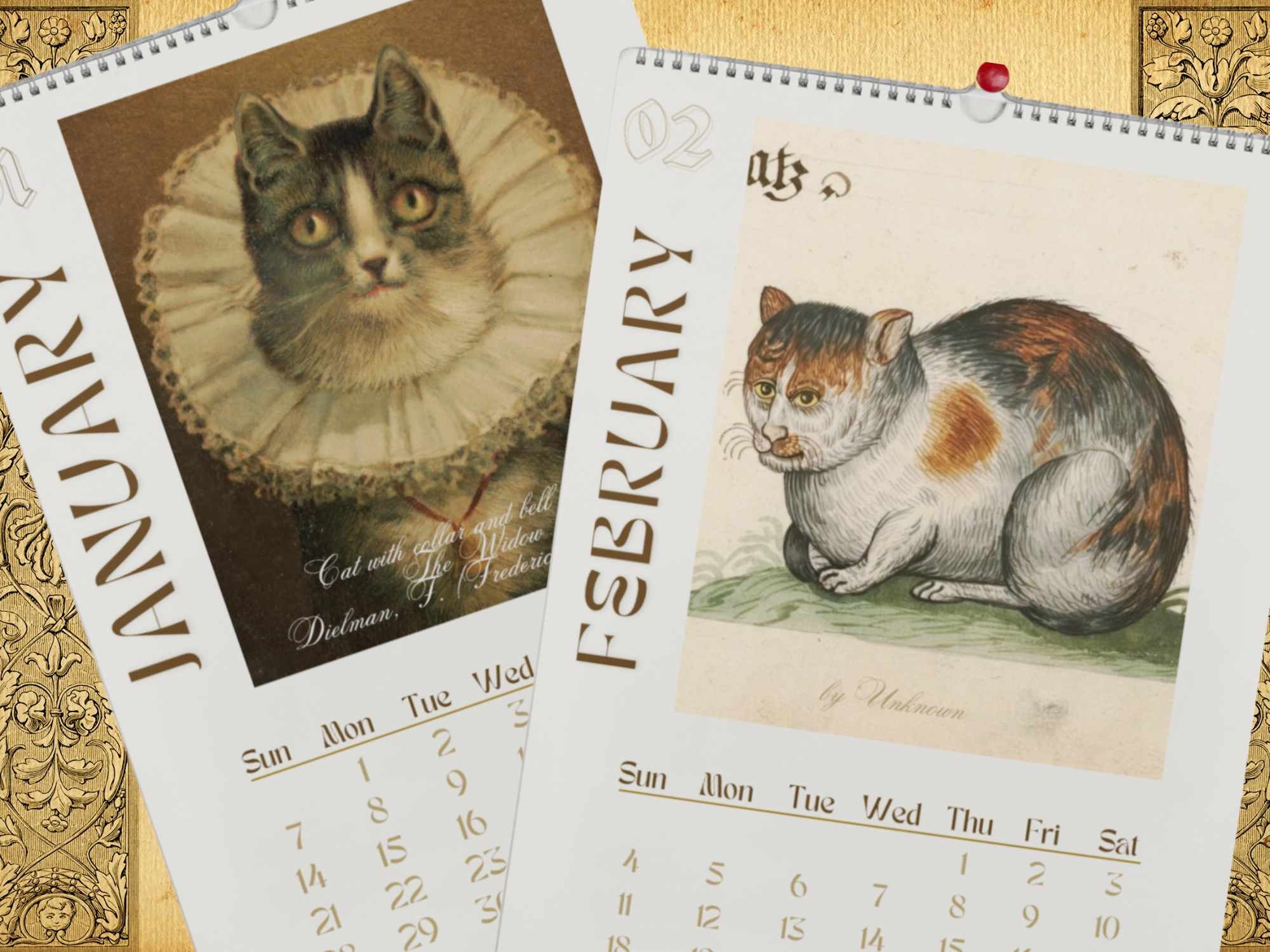 Ugly Medieval Cat Calendar 2024, Funny medieval cat paintings wall