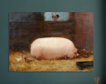 賞品の豚 19世紀フォークアート油絵複製画、納屋にいる白いぽっちゃり