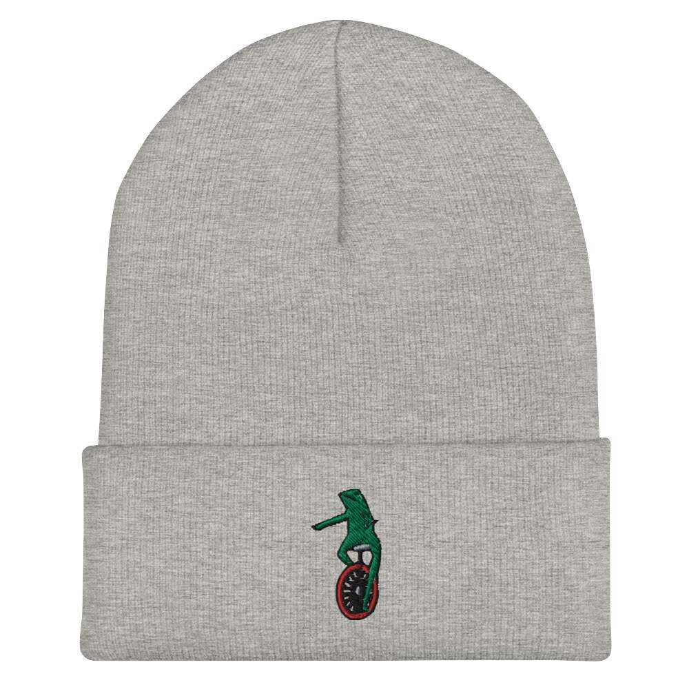 Frog Meme Embroidered Beanie, Frog on Unicycle Unisex Cuffed